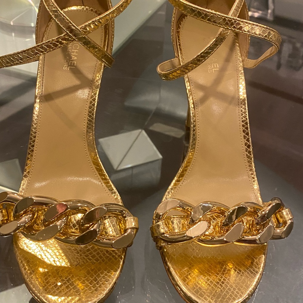 Michael Kors Gold 4” Heel Sandal.